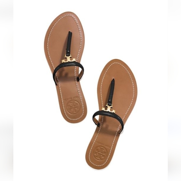 TORY BURCH Sandals Gold Logo Thong Sandle Black Size  9.5 - Picture 1 of 7
